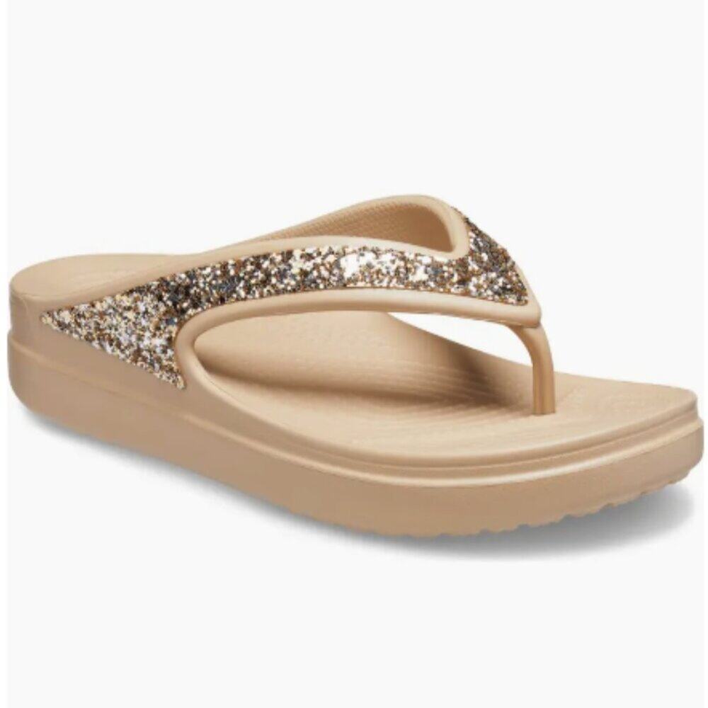 NWT Crocs Women Sloane Glitter Flip Flops Tan/Gold Shimmer comfy platform size 9 - Picture 3 of 14